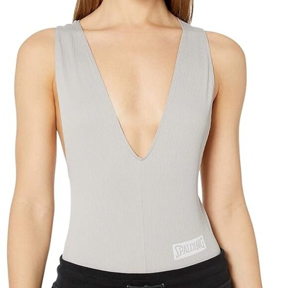 SPALDING OPAL GREY PLUNGE V-NECK SEAMLESS CROSS BACK CUT OUT BODYSUIT NWT - Picture 1 of 12